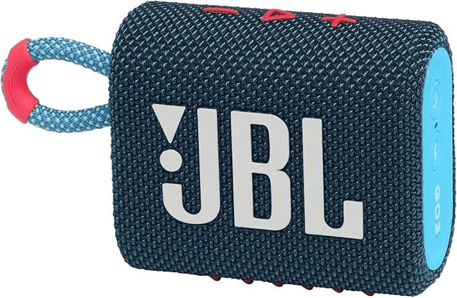 JBL GO 3 draadloze, draagbare Bluetooth luidspreker met geïntegreerde lus voor onderweg, USB C-oplaadkabel, blauw/roze