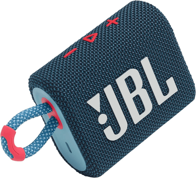 JBL GO 3 draadloze, draagbare Bluetooth luidspreker met geïntegreerde lus voor onderweg, USB C-oplaadkabel, blauw/roze