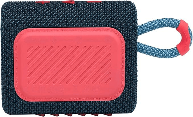 JBL GO 3 draadloze, draagbare Bluetooth luidspreker met geïntegreerde lus voor onderweg, USB C-oplaadkabel, blauw/roze
